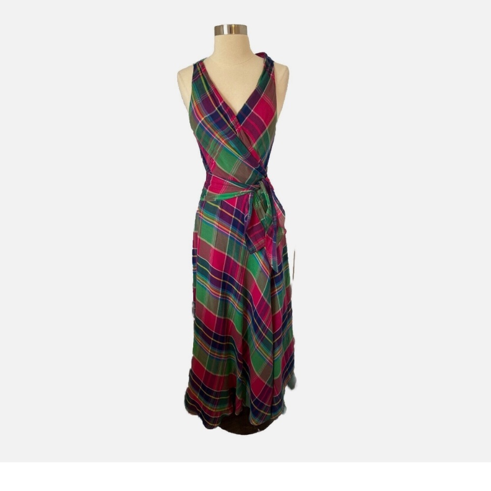 Polo Ralph Lauren Size 8 Sleeveless Fit & Flare Long Madras Wrap Cotton Dress